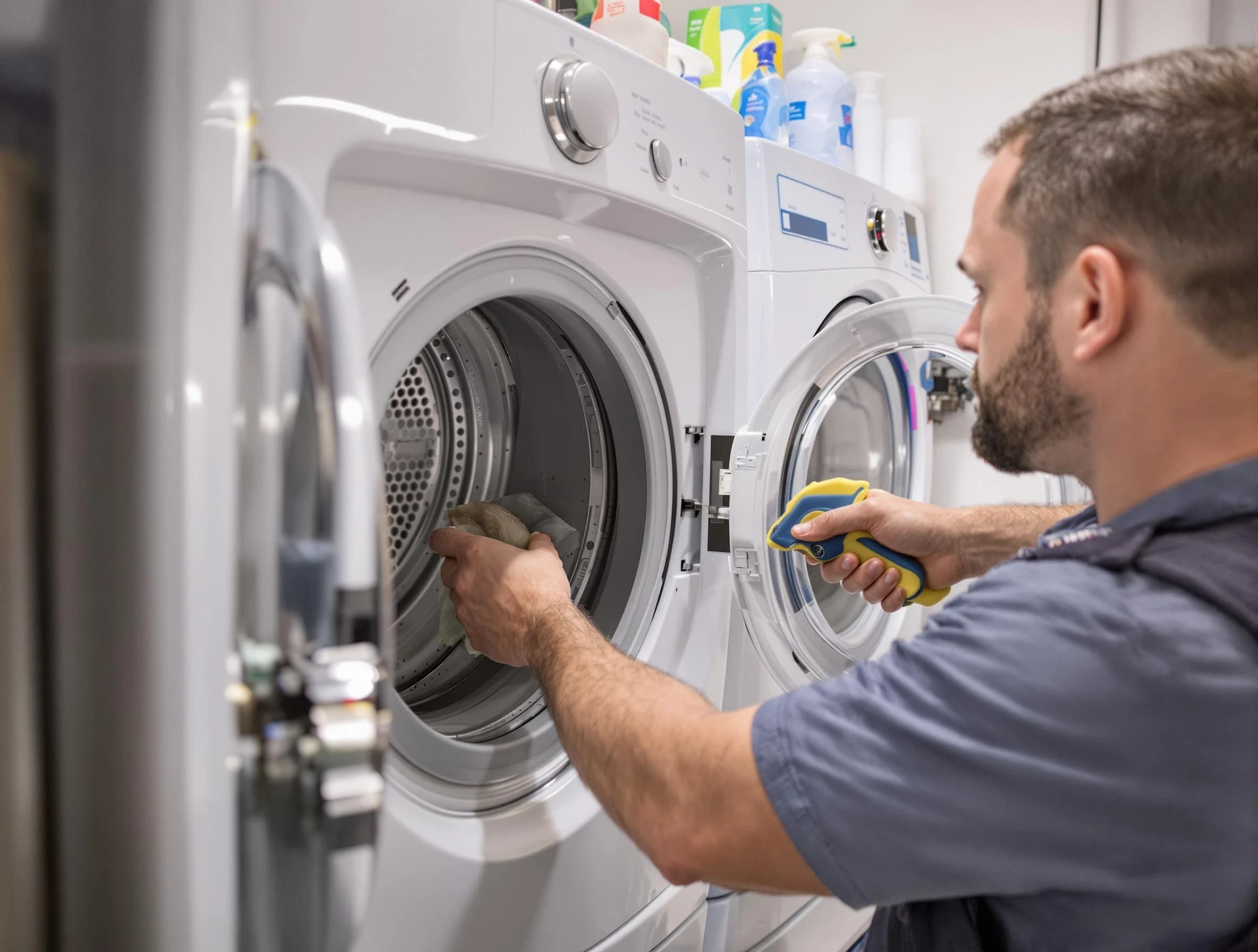 Rancho Cucamonga Dryer Vent Cleaning specialist removing lint buildup from a dryer lint trap system in Rancho Cucamonga