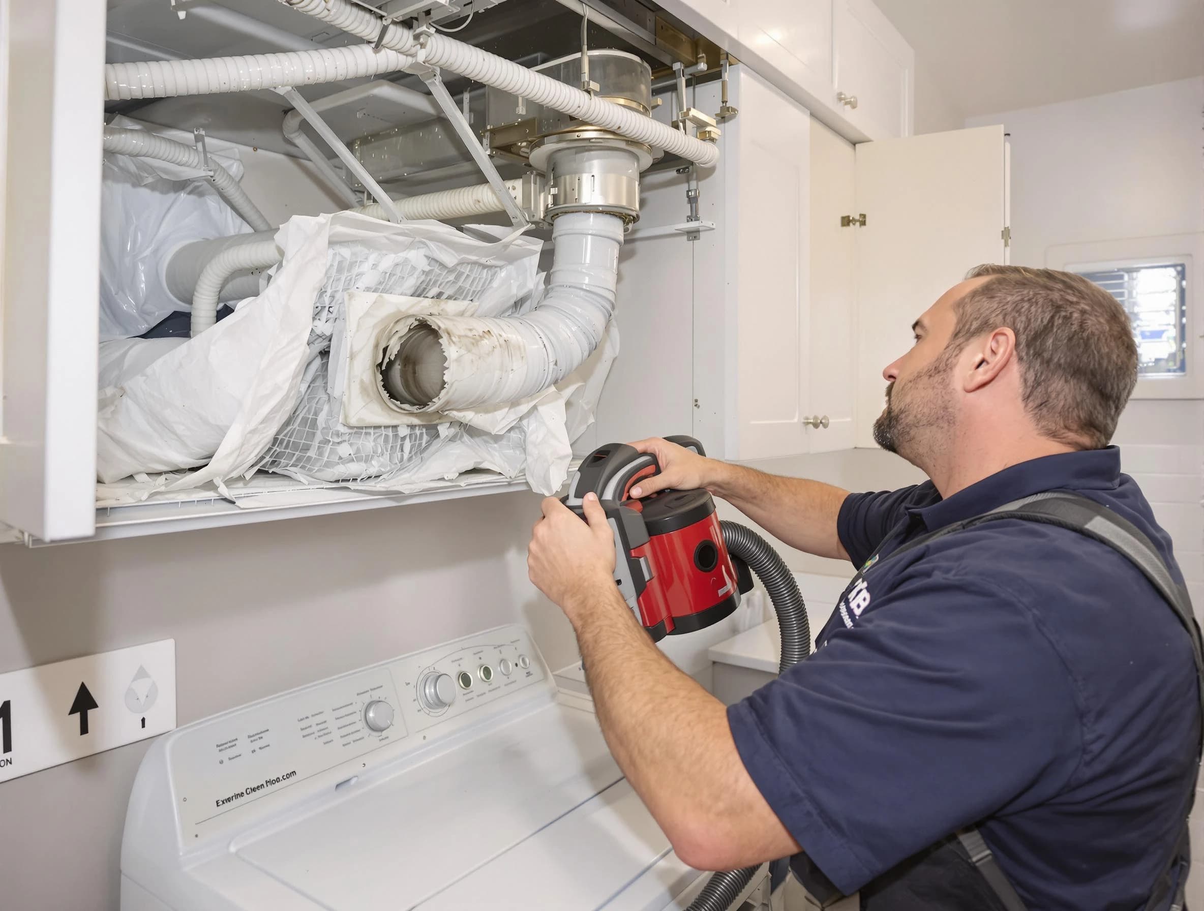 Rancho Cucamonga Dryer Vent Cleaning technician performing professional exhaust vent cleaning at a residential property in Rancho Cucamonga