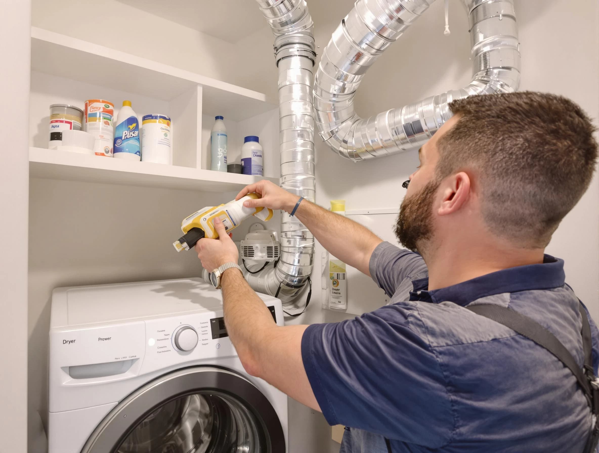 Rancho Cucamonga Dryer Vent Cleaning technician performing dryer vent cleaning at a home in Rancho Cucamonga