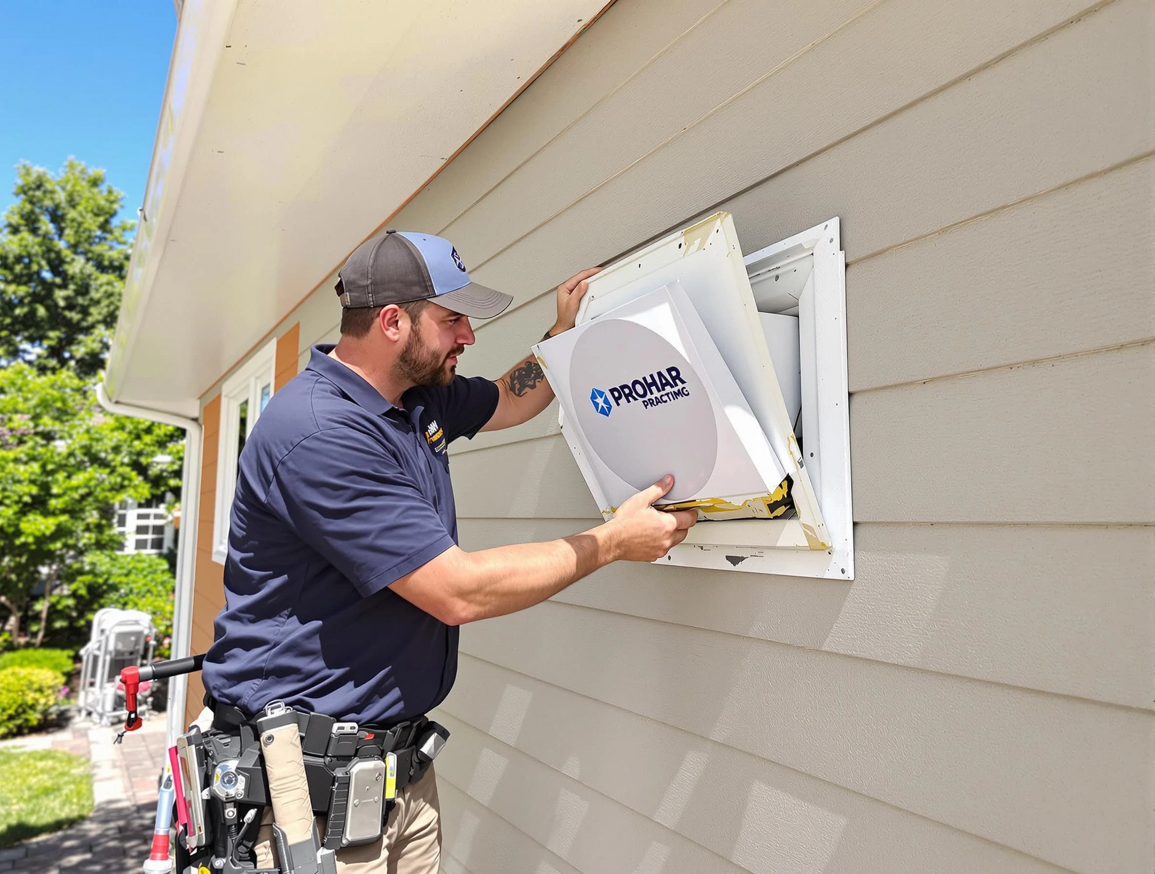 Rancho Cucamonga Dryer Vent Cleaning technician installing a new protective dryer vent cover on a home in Rancho Cucamonga