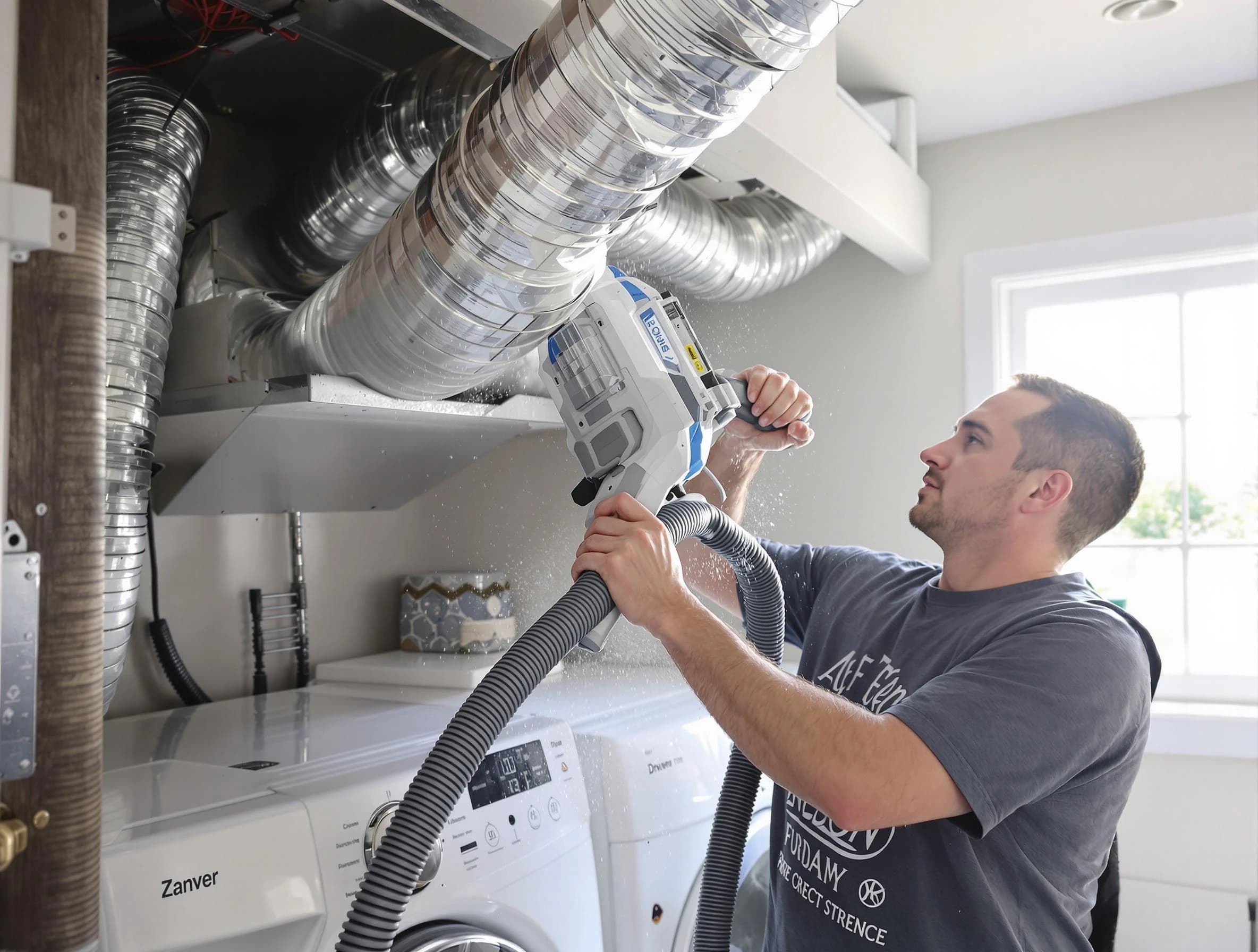 Rancho Cucamonga Dryer Vent Cleaning specialist cleaning deep within a dryer vent duct system in Rancho Cucamonga