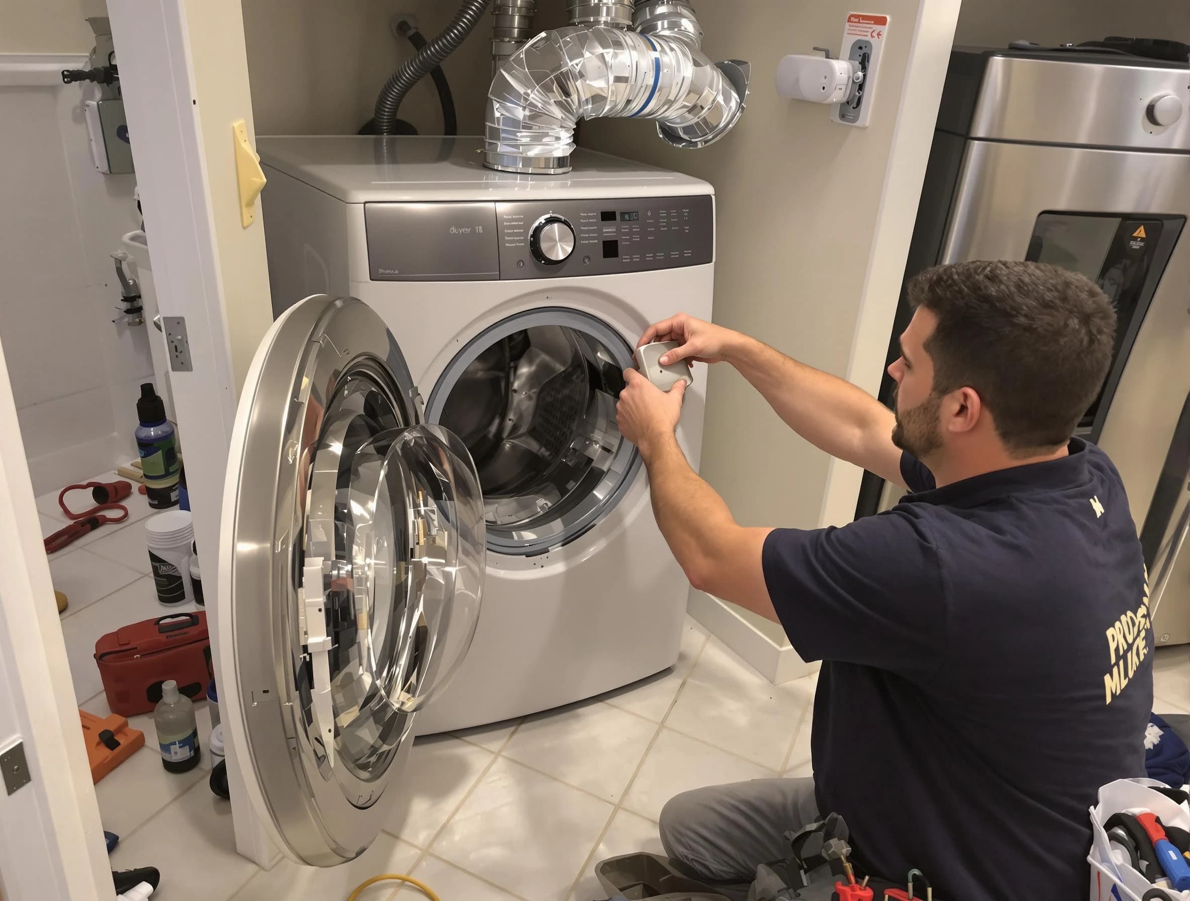 Rancho Cucamonga Dryer Vent Cleaning technician performing precise dryer vent hose installation in Rancho Cucamonga