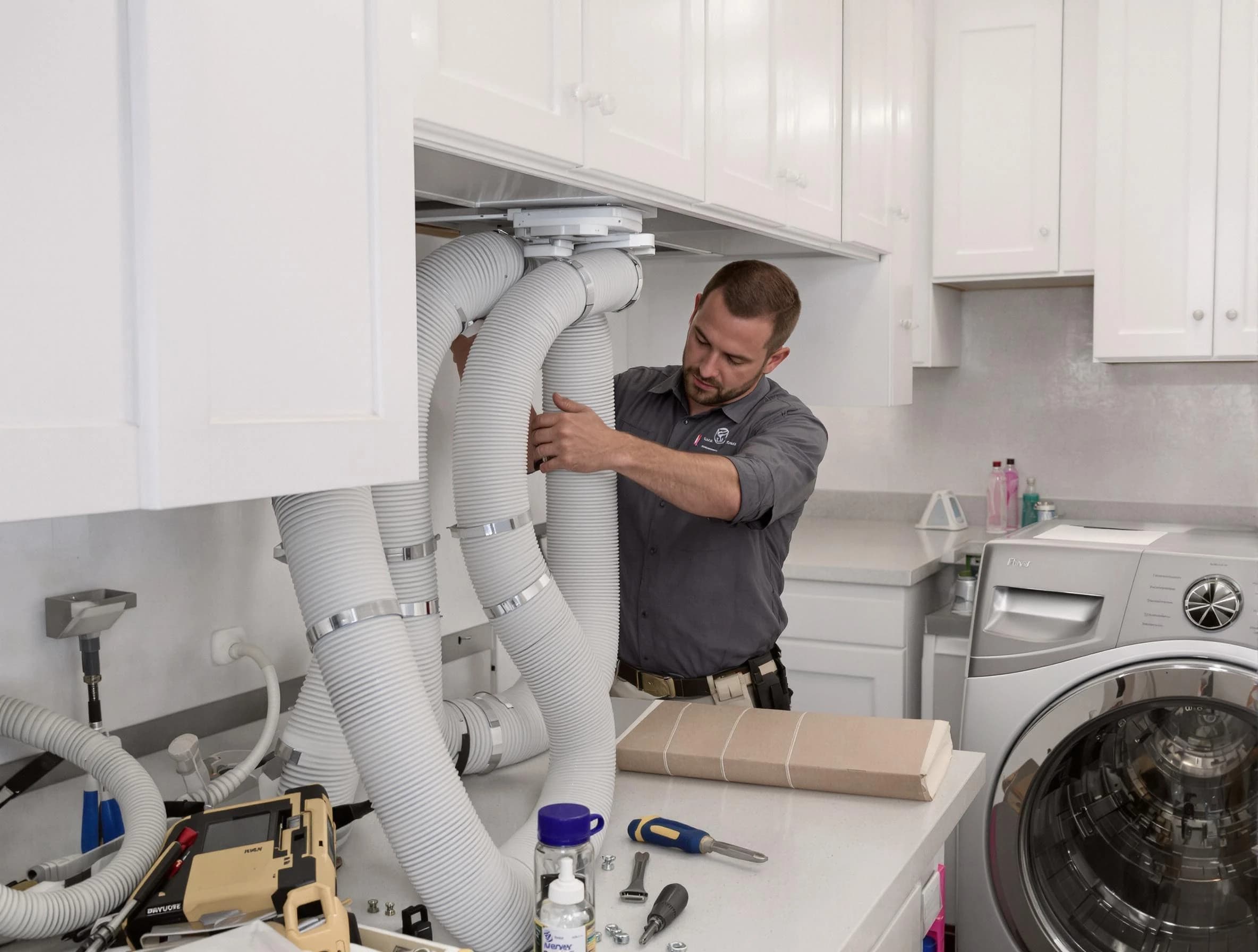 Rancho Cucamonga Dryer Vent Cleaning technician installing a new professional-grade dryer vent hose in Rancho Cucamonga