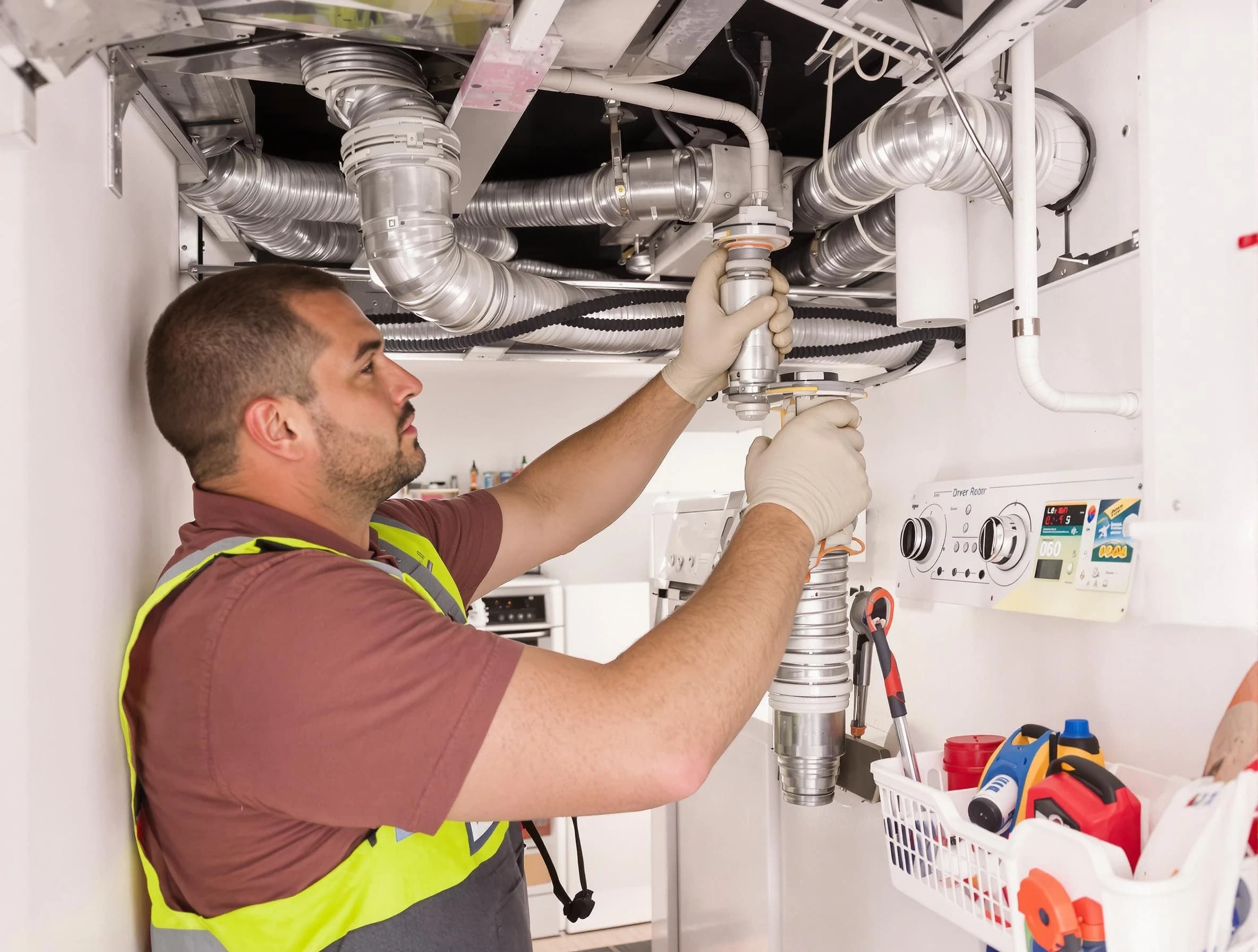 Rancho Cucamonga Dryer Vent Cleaning expert performing both repair and installation work on a dryer vent system in Rancho Cucamonga