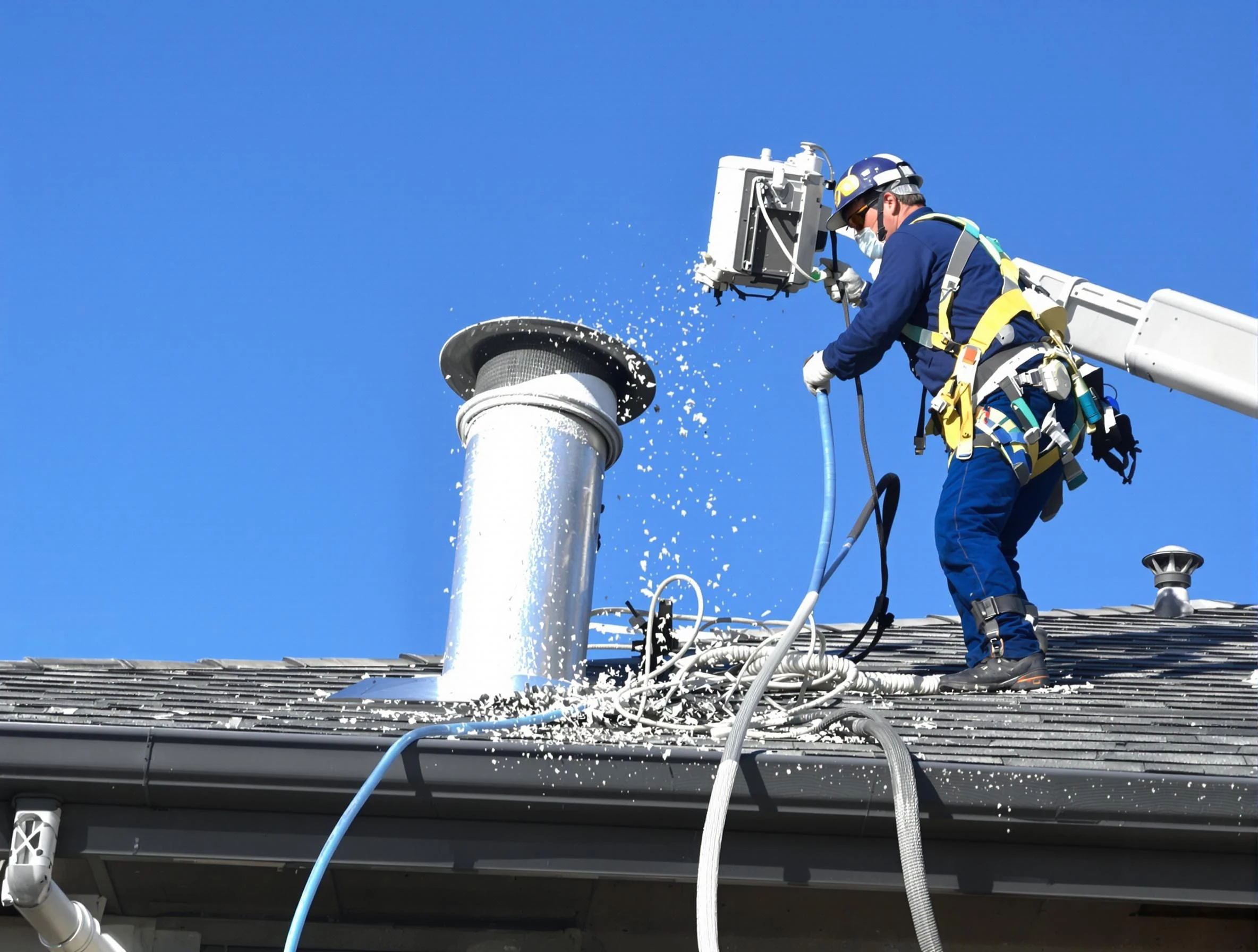 Rancho Cucamonga Dryer Vent Cleaning certified technician safely cleaning a roof-mounted dryer vent in Rancho Cucamonga