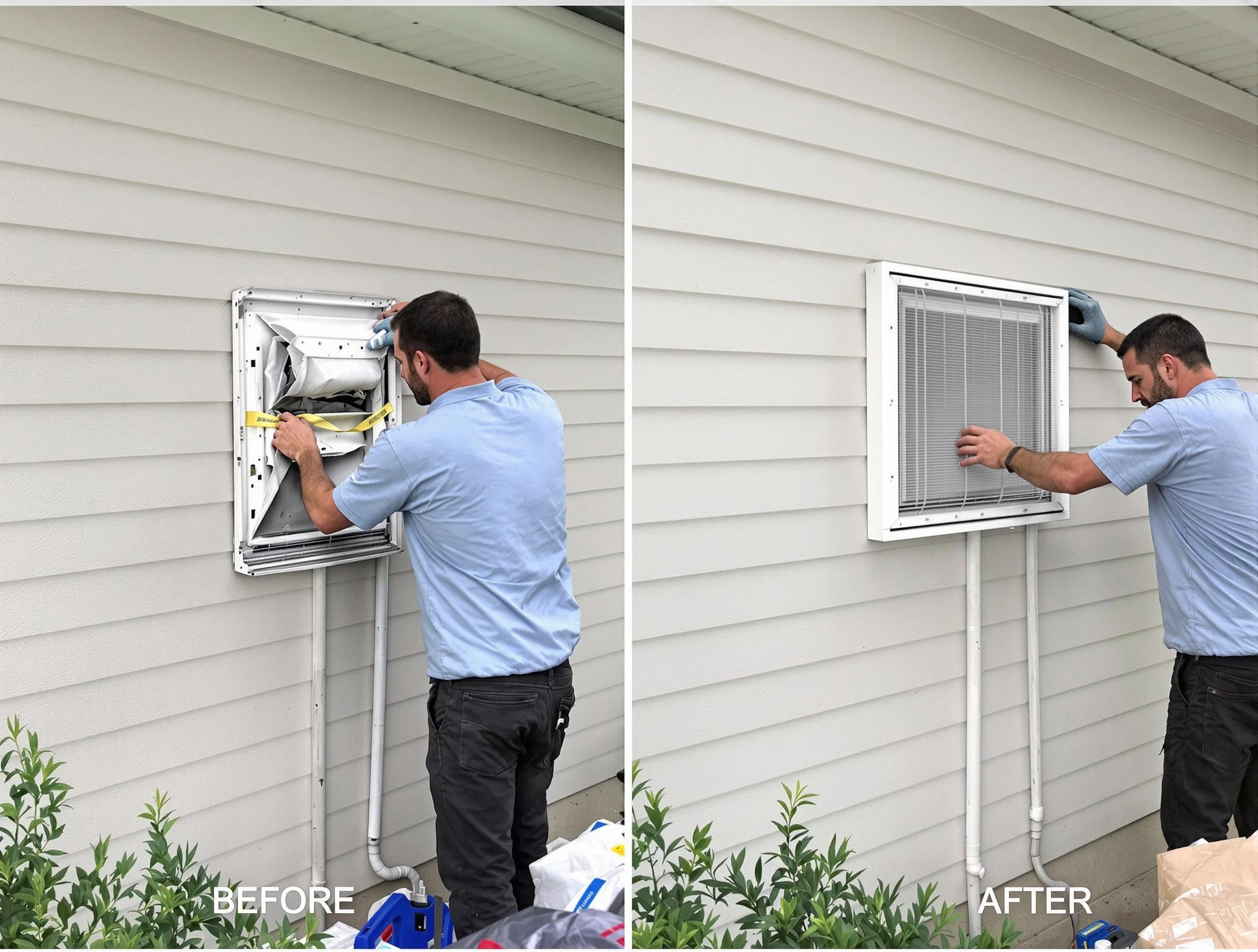 Rancho Cucamonga Dryer Vent Cleaning technician installing high-quality dryer vent cover at a residential property in Rancho Cucamonga